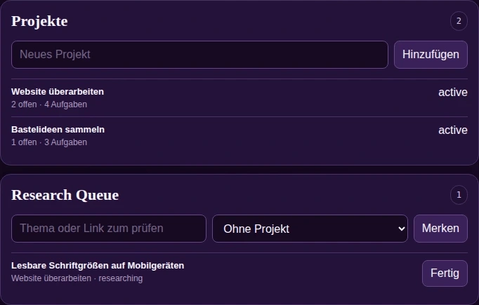 DailyHorse: Anwendungsansicht mit synthetischen Beispielprojekten und Rechercheaufgaben