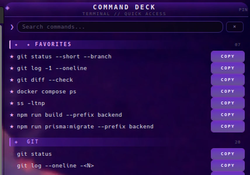 SCD-Deck: echte Ansicht der Kommando-Palette