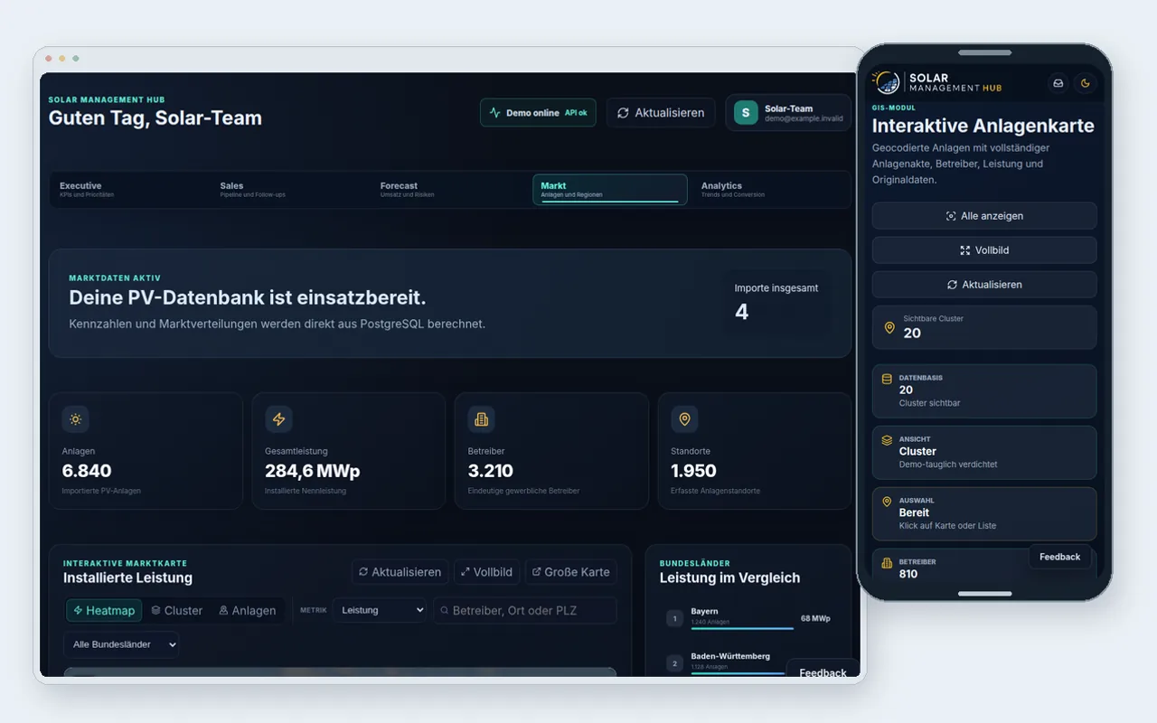 Solar Management Hub: Desktop- und Mobilansichten von Marktübersicht, Anlagenkarte und Betreiberverzeichnis mit Beispieldaten